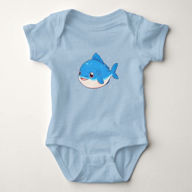 Blue Fish Drawing, Cartoon Style Baby Bodysuit (Front)