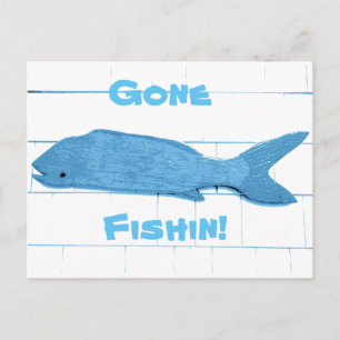 blue fish gone fishin logo postcard