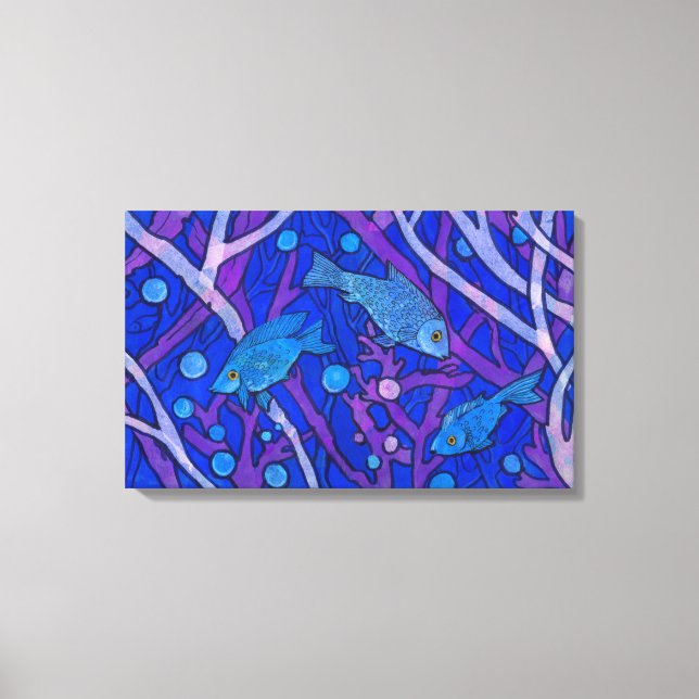 Blue Fish in Seaweed, Underwater Art Paper Collag Canvas Print (Front)