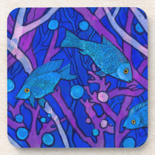 Blue Fish in Seaweed, Underwater Art Paper Collage Coaster
