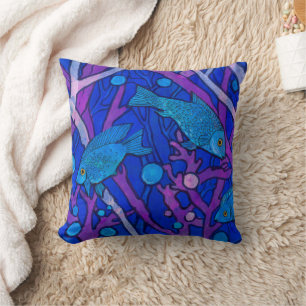 Blue Fish in Seaweed, Underwater Art Paper Collage Cushion