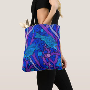 Blue Fish in Seaweed, Underwater Art Paper Collage Tote Bag