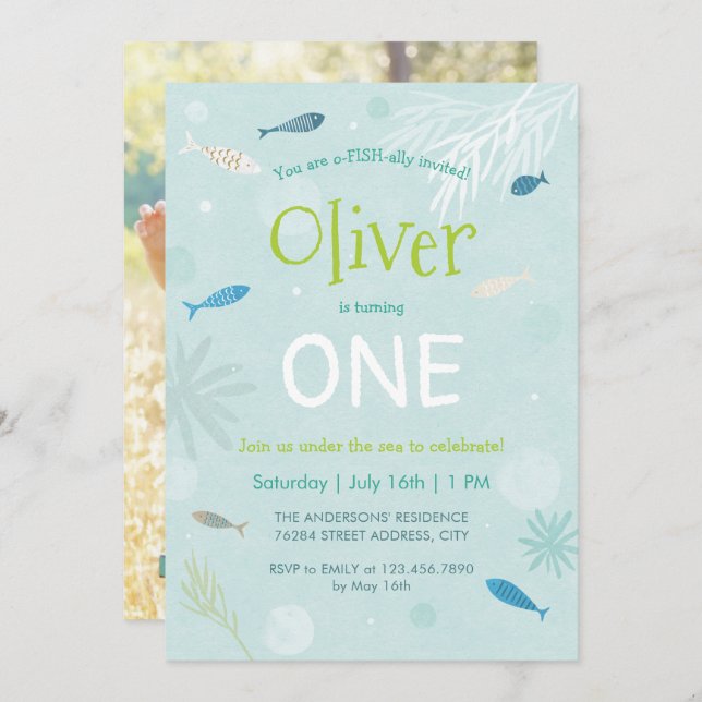 Blue Fish Kids Birthday Party Card (Front/Back)