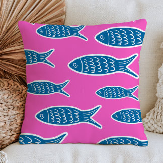Blue Fish on Hot Pink Dopamine Aesthetic Ocean  Cushion