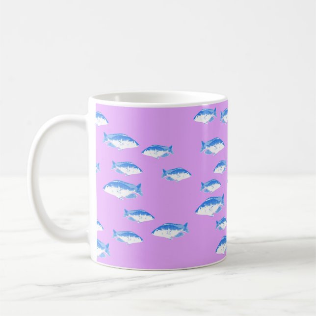 Blue fish on lilac coffee mug (Left)