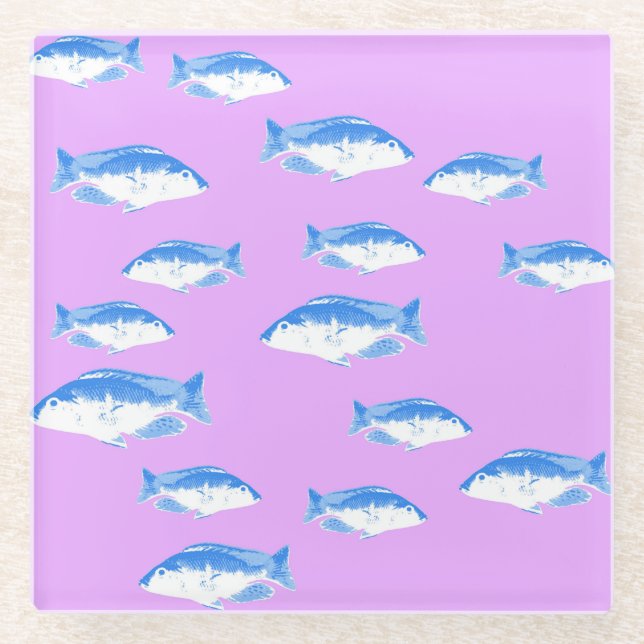 Blue fish on lilac glass coaster (Front)