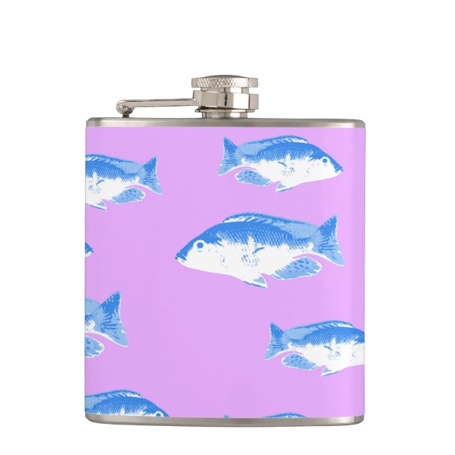 Blue fish on lilac hip flask (Front)