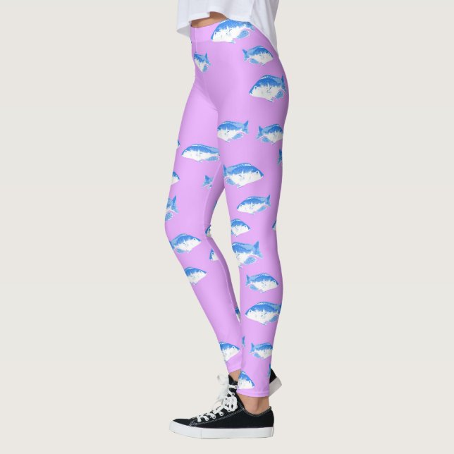 Blue fish on lilac leggings (Left)