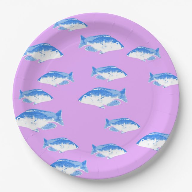 Blue fish on lilac paper plate (Front)