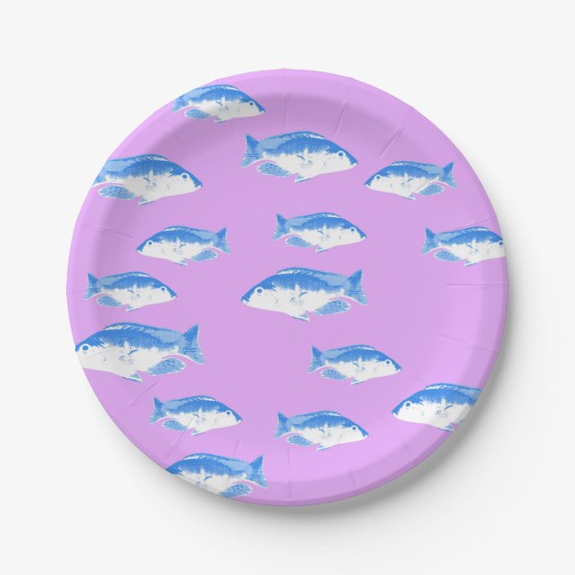 Blue fish on lilac paper plate (Front)