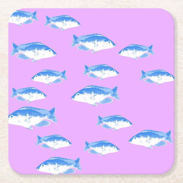 Blue fish on lilac square paper coaster (Front)