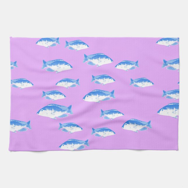 Blue fish on lilac tea towel (Horizontal)