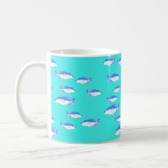 Blue fish on turquoise coffee mug (Left)