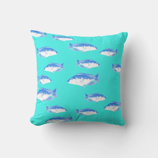 Blue fish on turquoise cushion (Front)