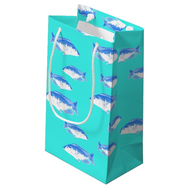 Blue fish on turquoise small gift bag (Back Angled)