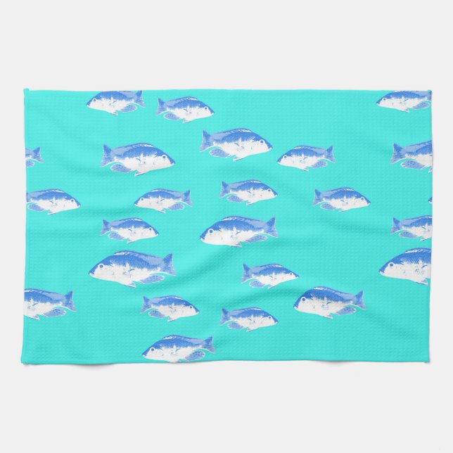 Blue fish on turquoise tea towel (Horizontal)