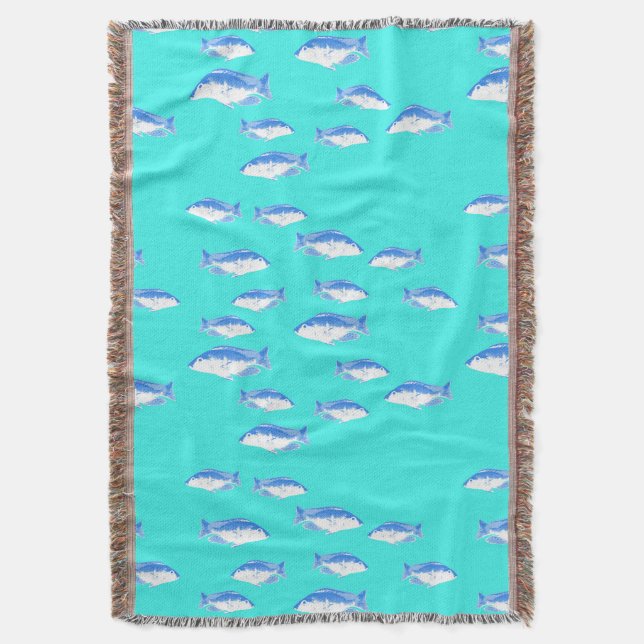 Blue fish on turquoise throw blanket (Front Vertical)