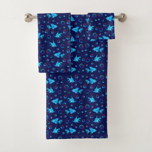 blue fish pattern bath towel set (Insitu)