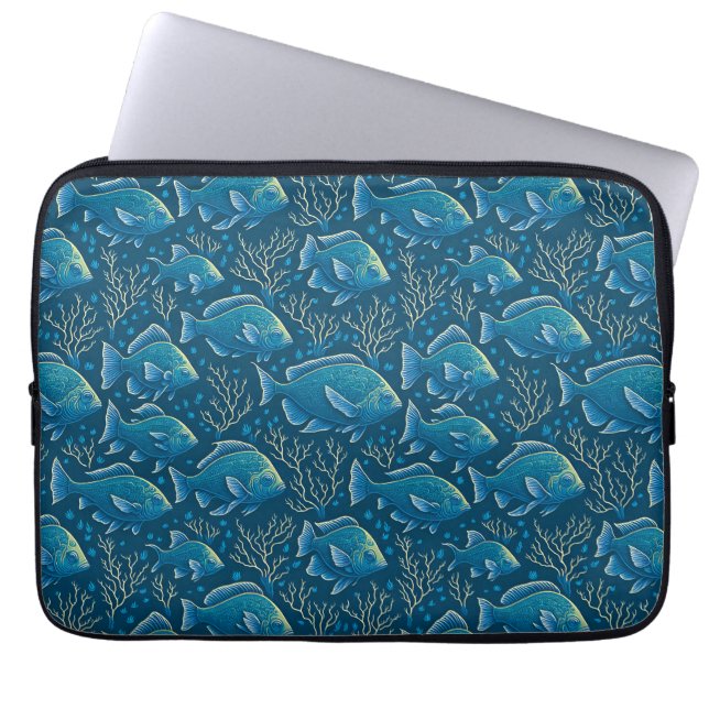 Blue Fish Pattern Laptop Sleeve (Front)