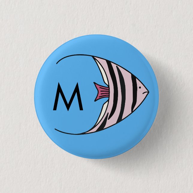 Blue fish pattern monogram 3 cm round badge (Front)