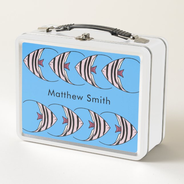 Blue fish pattern monogram metal lunch box (Front)