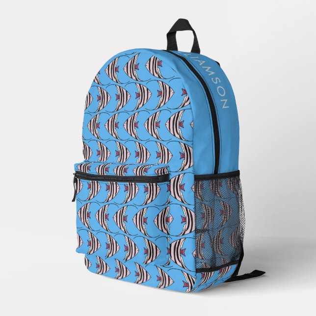 Blue fish pattern printed backpack (Back Corner Right)
