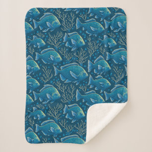 Blue Fish Pattern Sherpa Blanket