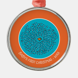 Blue Fish School Pattern with Small Orange Fish Metal Tree Decoration