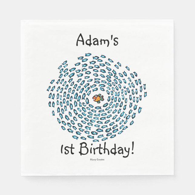 Blue Fish School Pattern with Small Orange Fish Napkin (Front)