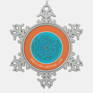 Blue Fish School Pattern with Small Orange Fish Snowflake Pewter Christmas Ornament