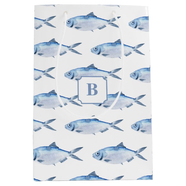 Blue Fish Watercolor Coastal Medium Gift Bag (Front)