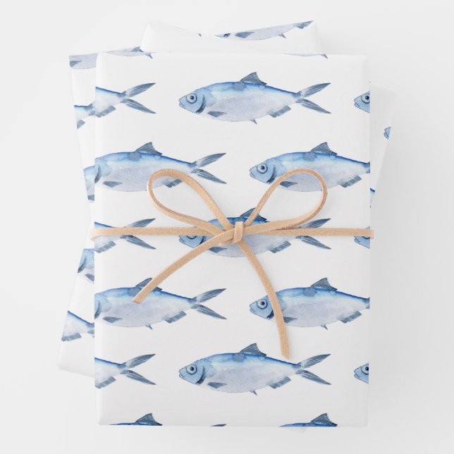 Blue Fish Watercolor Coastal Wrapping Paper Sheet (In situ)