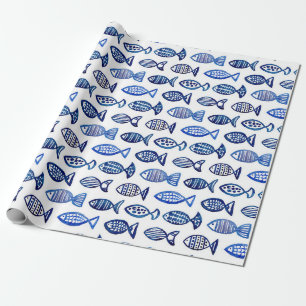 Blue fish watercolor. Modern navy nautical. Water Wrapping Paper