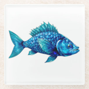 Blue Fish with Spiky Fins and Scales Glass Coaster
