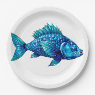 Blue Fish with Spiky Fins and Scales Paper Plate