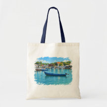 Blue Fishing Boat Coastal Harbour Tote Bag