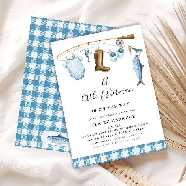 Blue Fishing Little Fisherman Baby Shower  Invitation (A Little Fisherman Is On The Way Baby Shower Invitation, Fishing Themed Baby Shower Invite Boy)