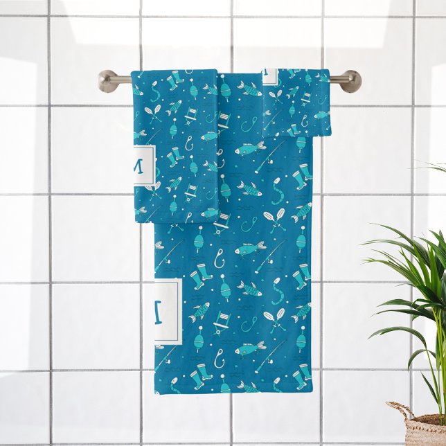 Blue Fishing Seamless Pattern Monogrammed Bath Tow Towel Set (Creator Uploaded)