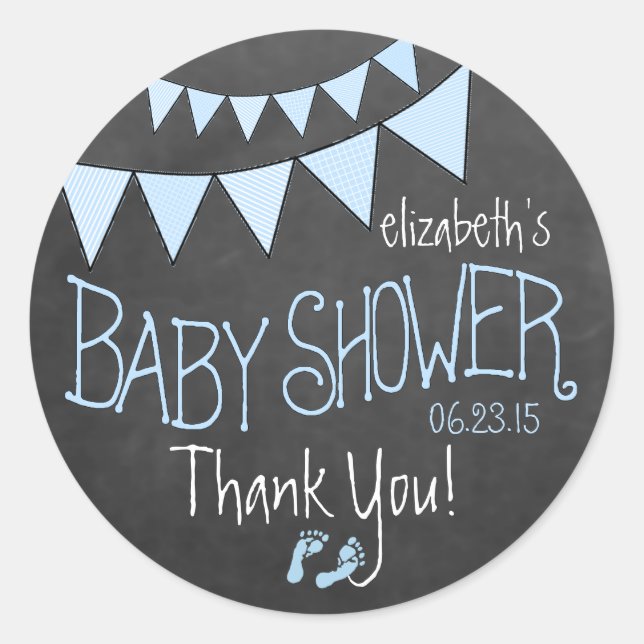 Blue Flag Bunting on Chalkboard Look Baby Shower Classic Round Sticker (Front)