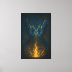 Blue Flame Phoenix Twins – Fine Art Mythical Bird Canvas Print