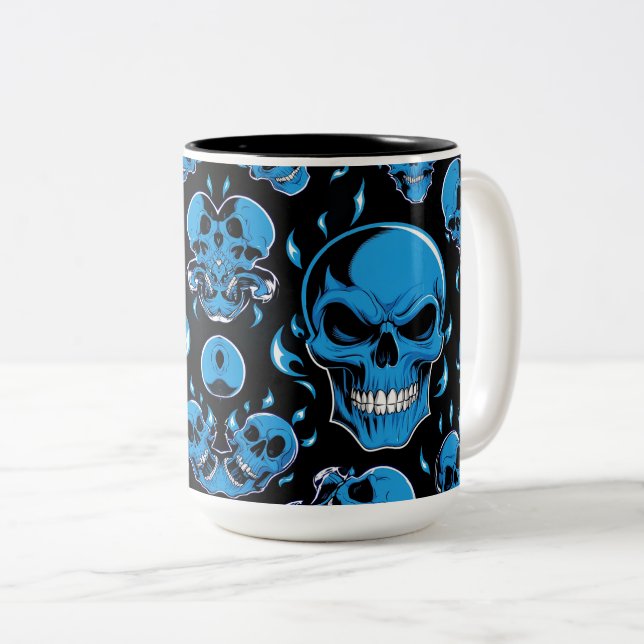 Blue flame skull for halloween Two-Tone coffee mug (Front Right)