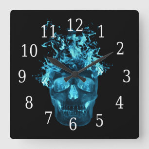Blue Flaming Skull Square Clock