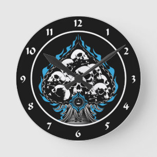 Blue Flaming Spade with Skulls Round Clock