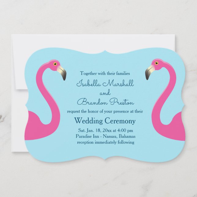 Blue Flamingo Beach Wedding Invitation (Front)