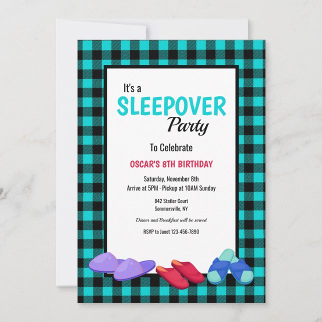 Blue Flannel Sleepover Invitation (Front)