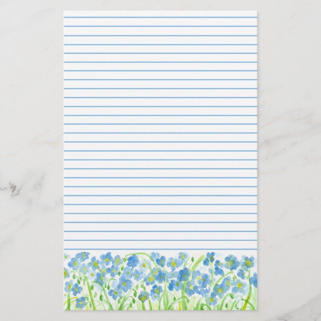 Blue Flax Watercolor Flowers Lined Stationery (Front)