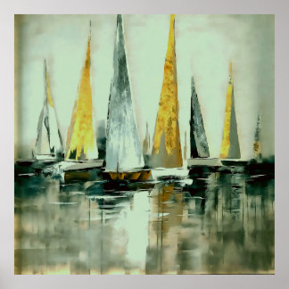 Blue Flaxen Yellow And Greige Sails on Still Water Poster