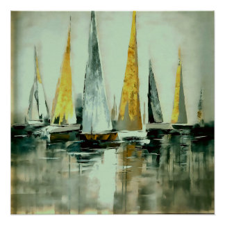 Blue Flaxen Yellow And Greige Sails on Still Water Poster