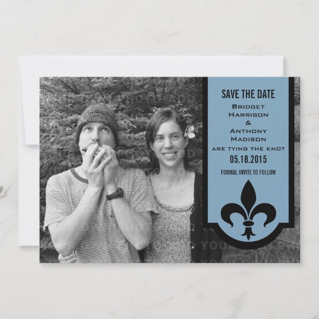 Blue Fleur De Lis Banner Save the Date Invite (Front)