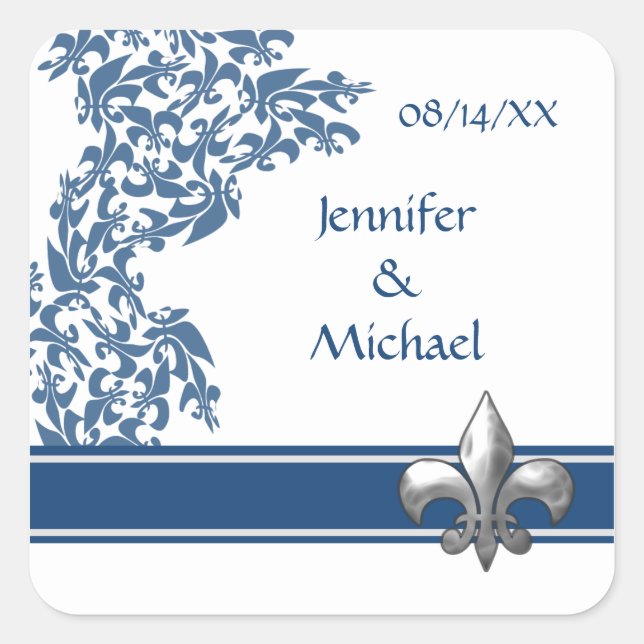 Blue Fleur de Lis Damask Pattern Wedding Stickers (Front)